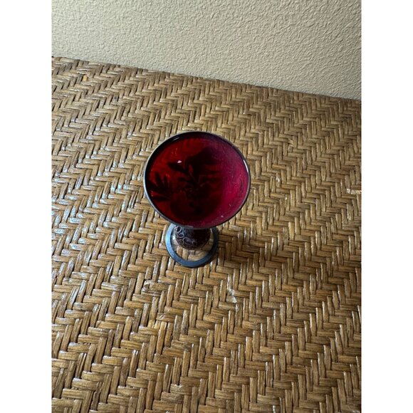 Vintage Bohemian Ruby Red Glass Vase Silver Overlay Floral Design Clear Base - Picture 6 of 9